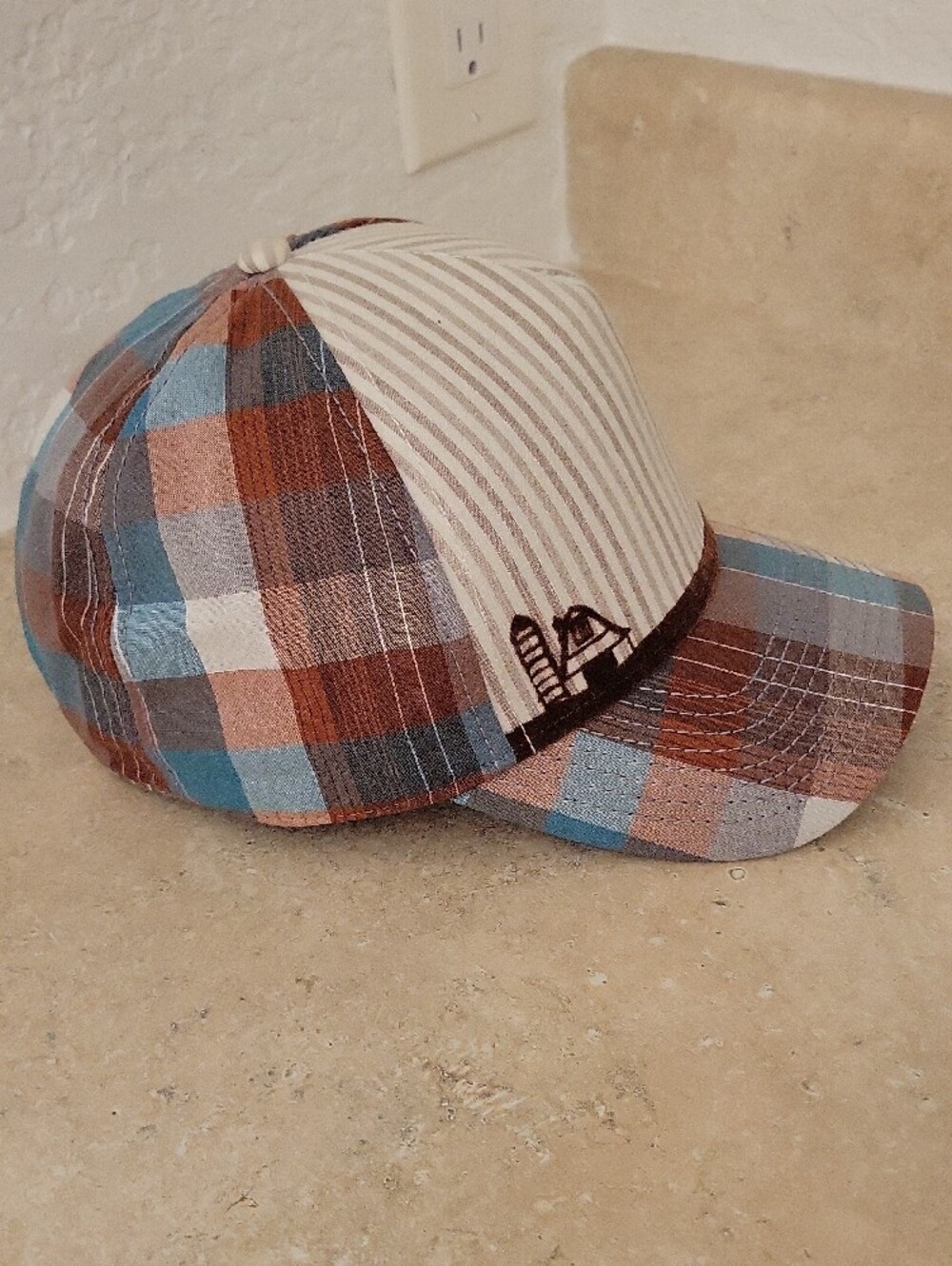 Men's Brown Plaid & Cream Stripe Baseball Cap with Tornado Graphic - Picture 2 of 6